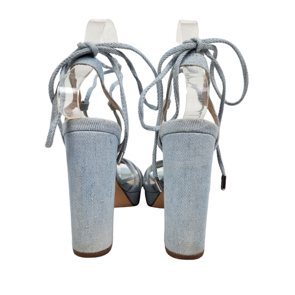 Olivia Ferragamo Hoover Blue Denim Fabric Lace Up Block Heels Women's Size 6.5 - Picture 8 of 13